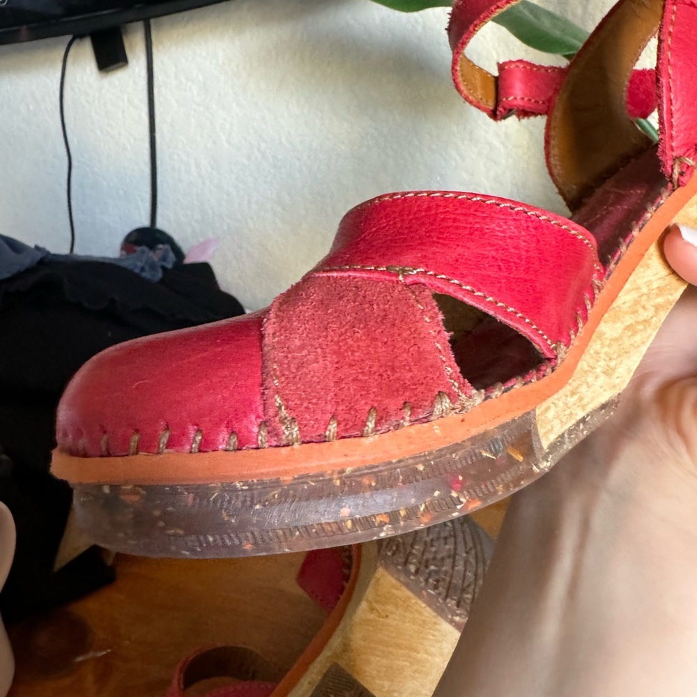 Red Leather Heels with Chunky Wooden Heel - Picture 11 of 12